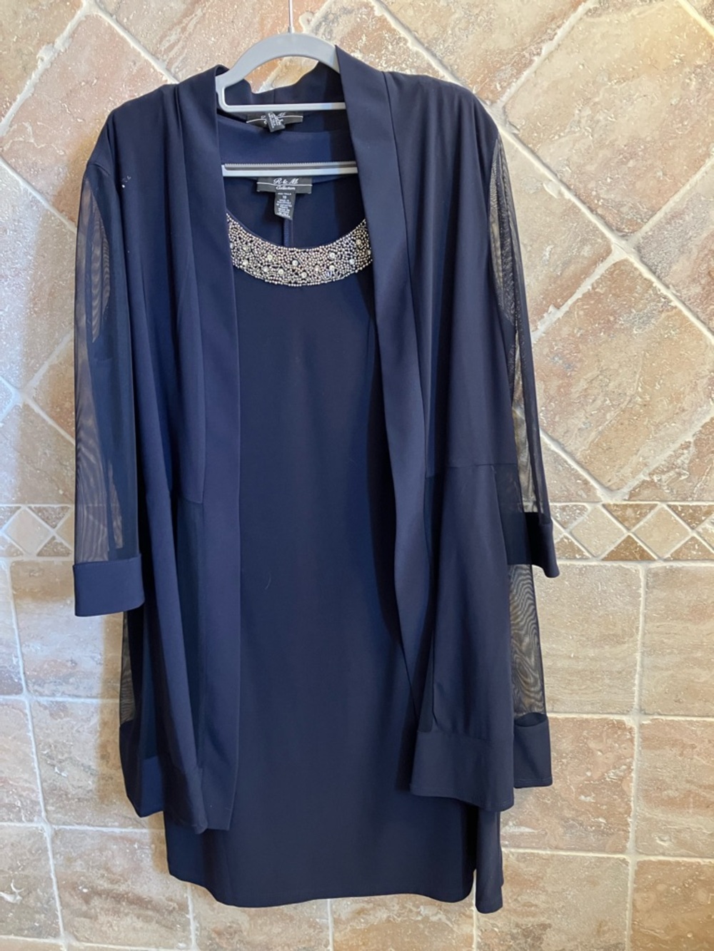 R & M Collection Navy Beaded Neckline Dress and Jacket Set - Size 18